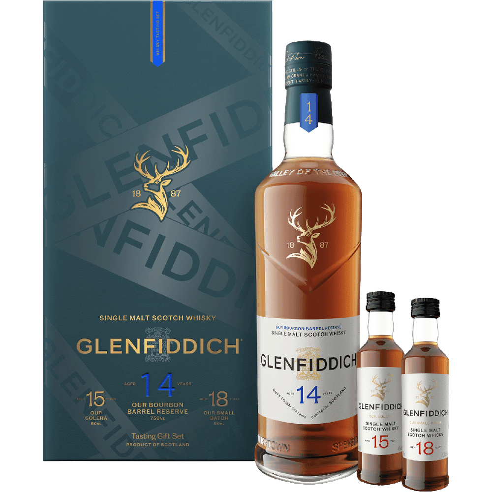 GLENFIDDICH GIFT SET: 14 YEAR OLD 750ML, 15 YEAR 50ML AND 18 YEAR OLD 50ML